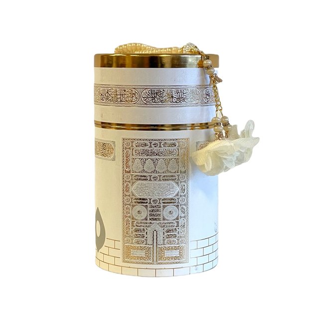 Boîte cylindre avec Tapis de prière blanc et chapelet blanc