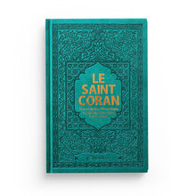 Charger l&#39;image dans la galerie, Le Saint Coran - Transcription phonétique (de l&#39;arabe) et Traduction des sens en français - Edition de luxe - Couverture en cuir vert-bleu doré
